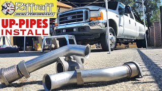 2001 F350 73  RiffRaff UpPipes Install  Stock up pipes leaking and falling apart JUNK SP [upl. by Eniowtna]